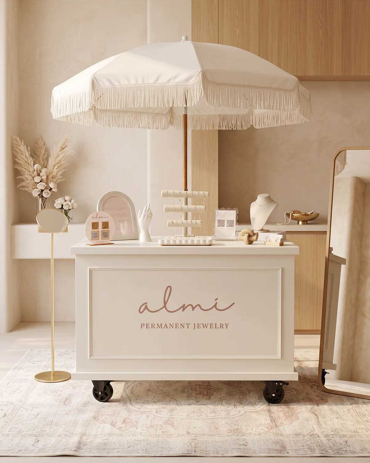 ALMI cart staged inside a warm neutral boutique