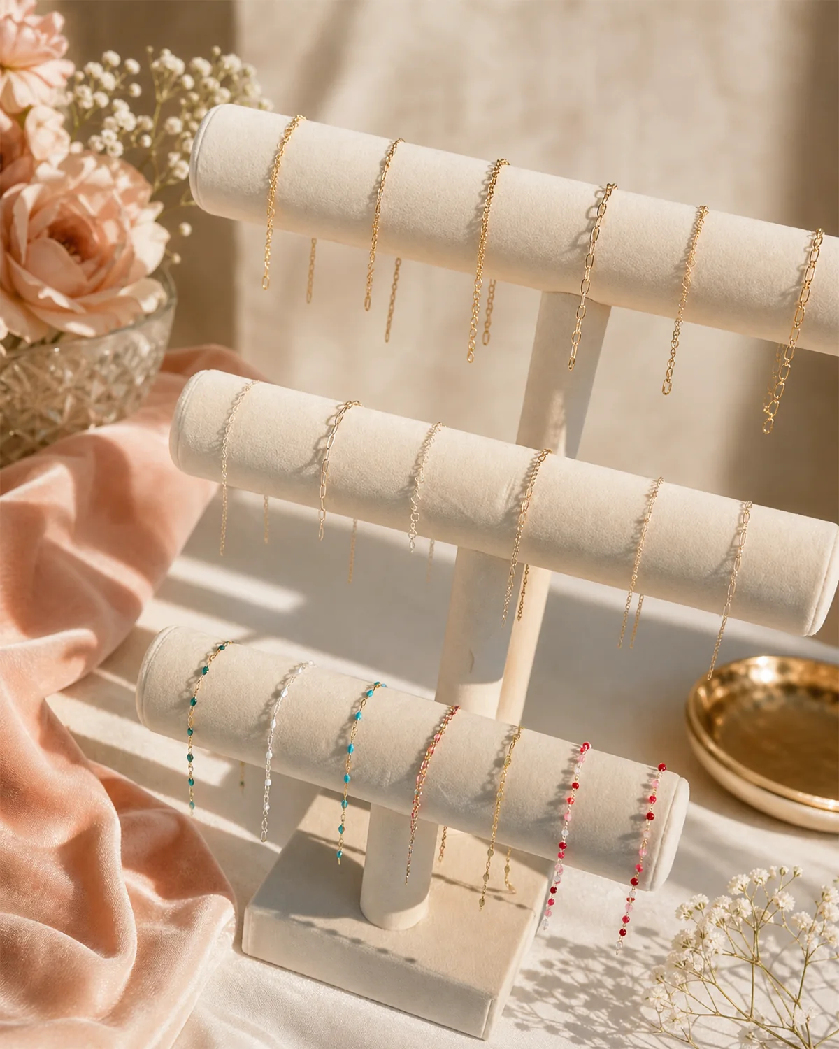 Gold, silver and colorful bracelet chains displayed with blush fabric and flowers