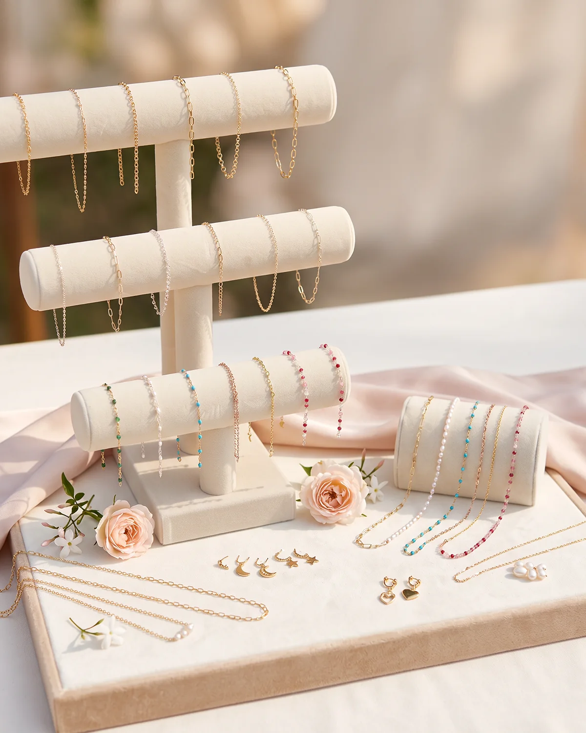 ALMI jewelry collection displayed in soft daylight with blush flowers
