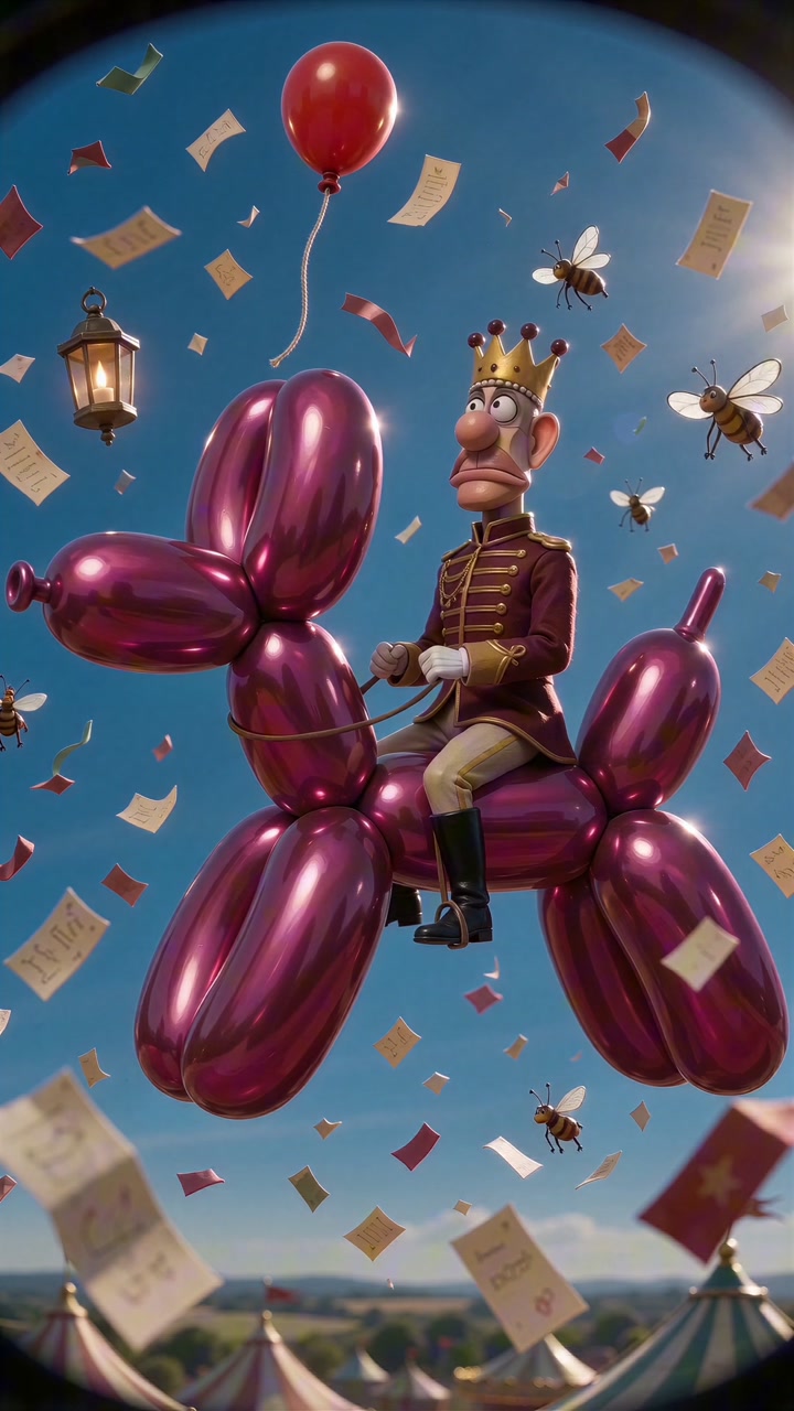 Finished film: King Draymor riding a magenta sculpture with visible twisted balloon segments