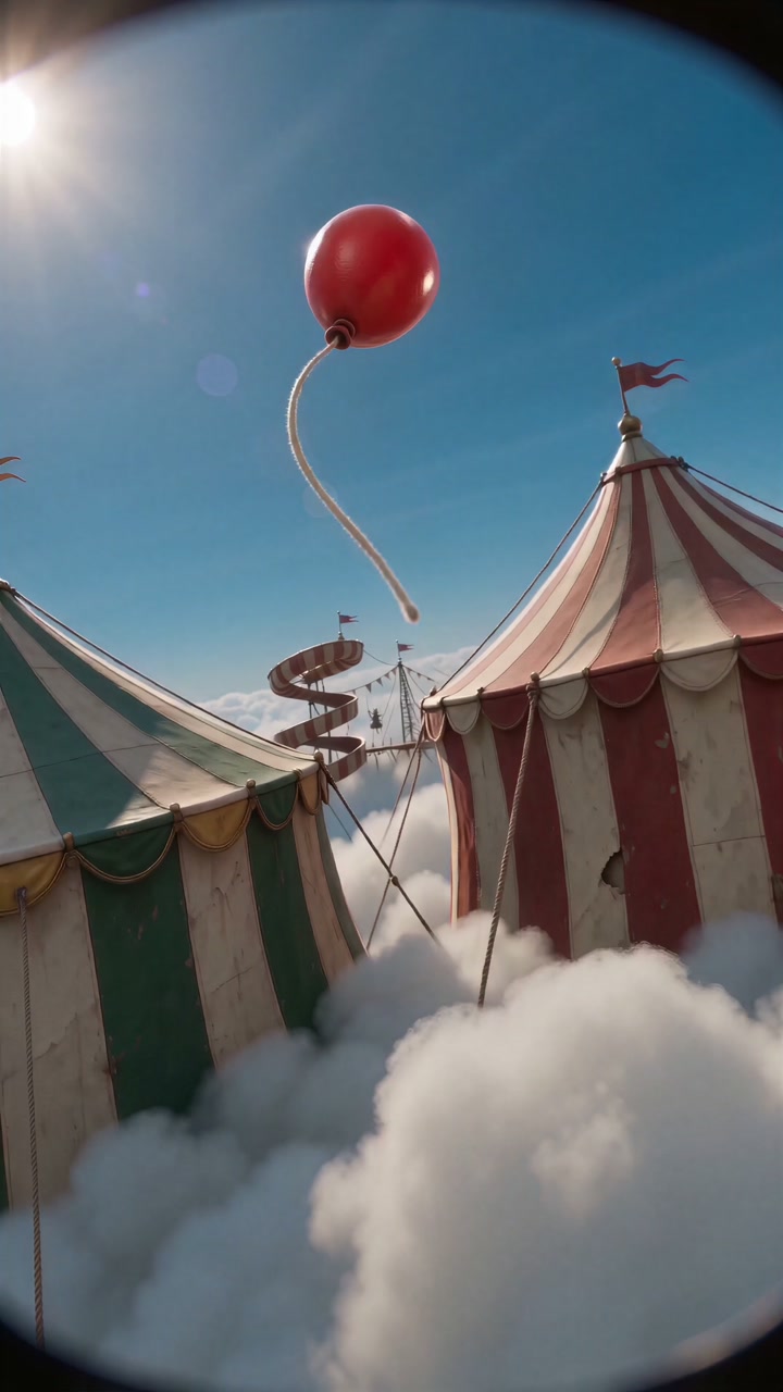 A red balloon leads the camera between striped carnival tents