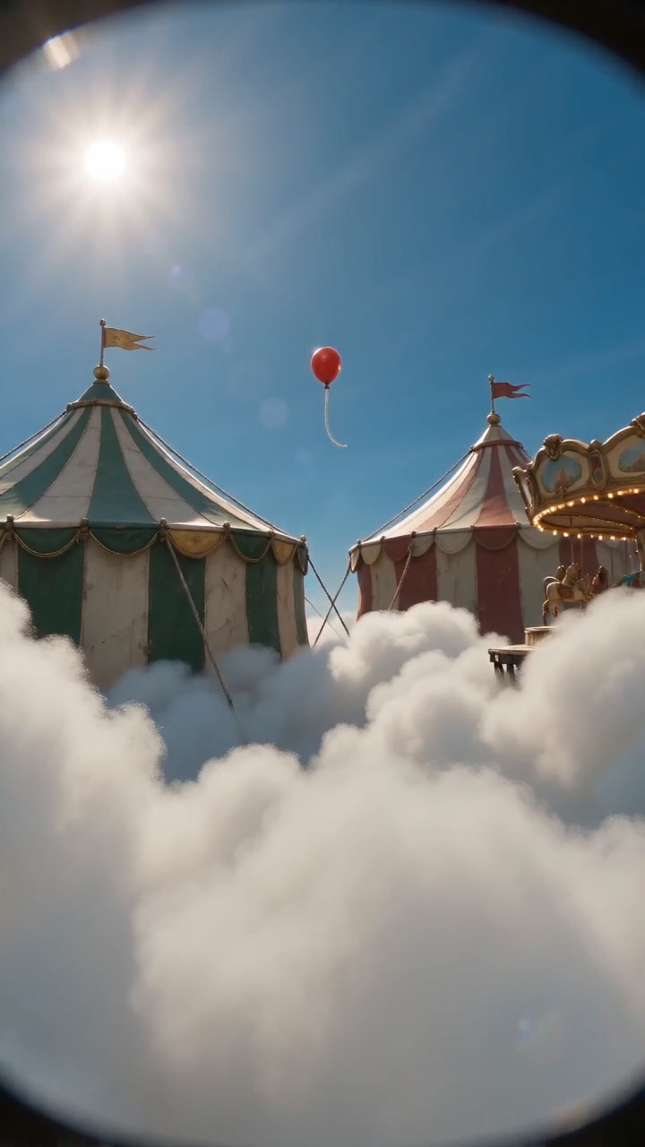 The first section’s final frame, showing the balloon, tents, carousel, and cloud deck, used as the next section’s reference