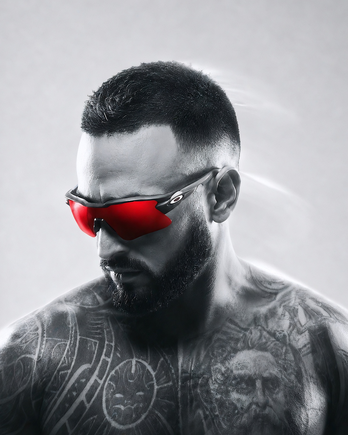 Finished black, white, and red eyewear campaign hero portrait