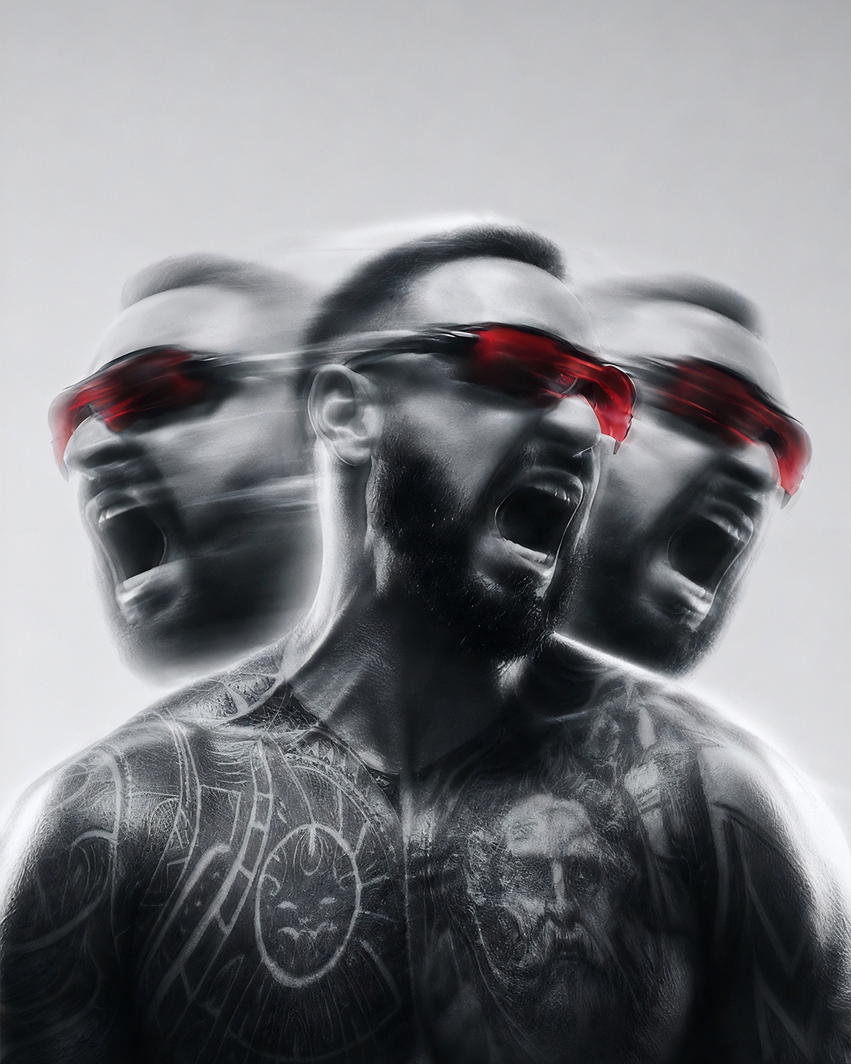 Motion study with repeated portraits and red eyewear