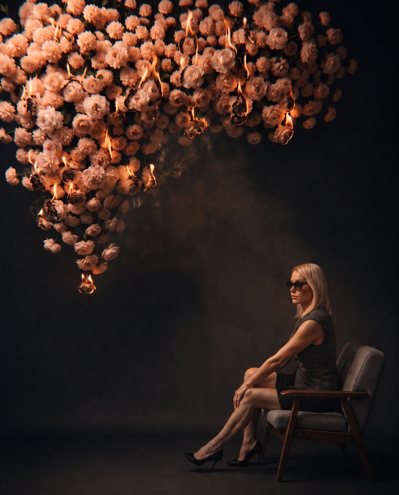 Finished Full Bloom campaign portrait showing the same client seated beneath a large floral installation