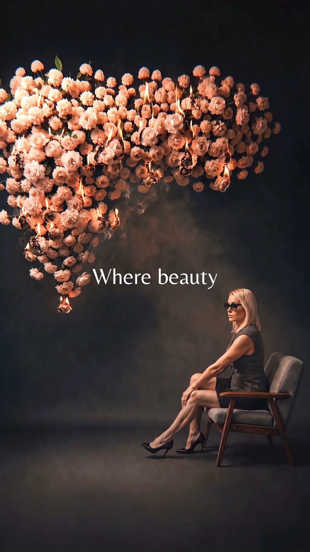 A woman seated beneath a suspended floral installation