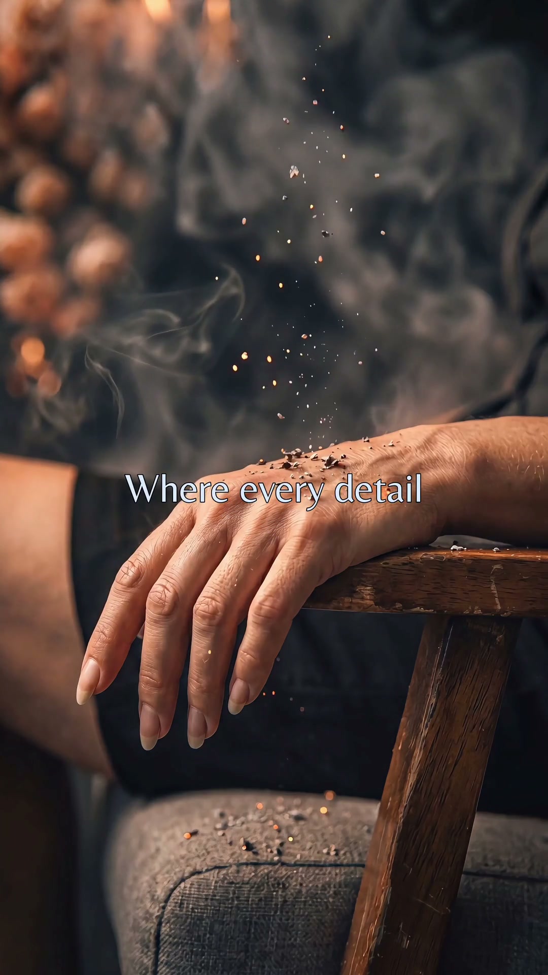 A hand resting on a chair arm with smoke and floral detail behind it