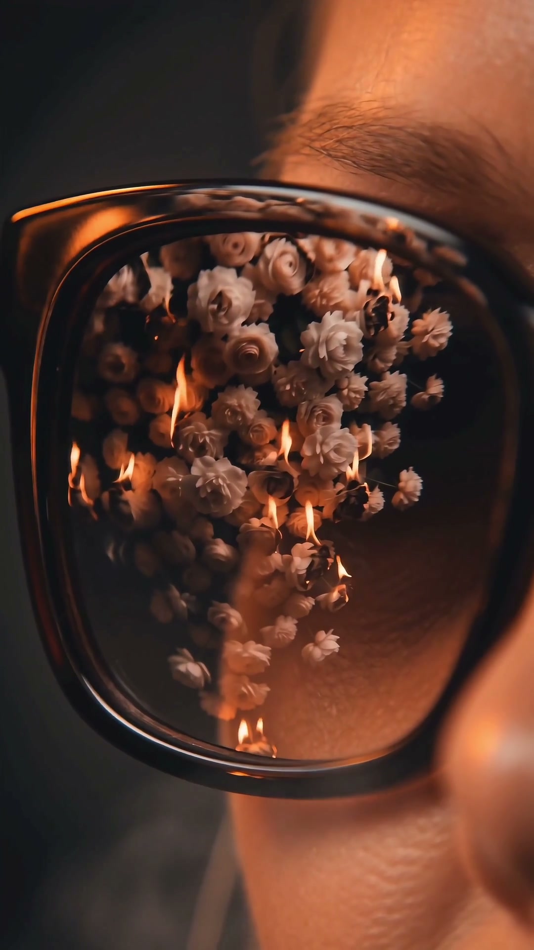 A close-up reflection of flowers in sunglasses