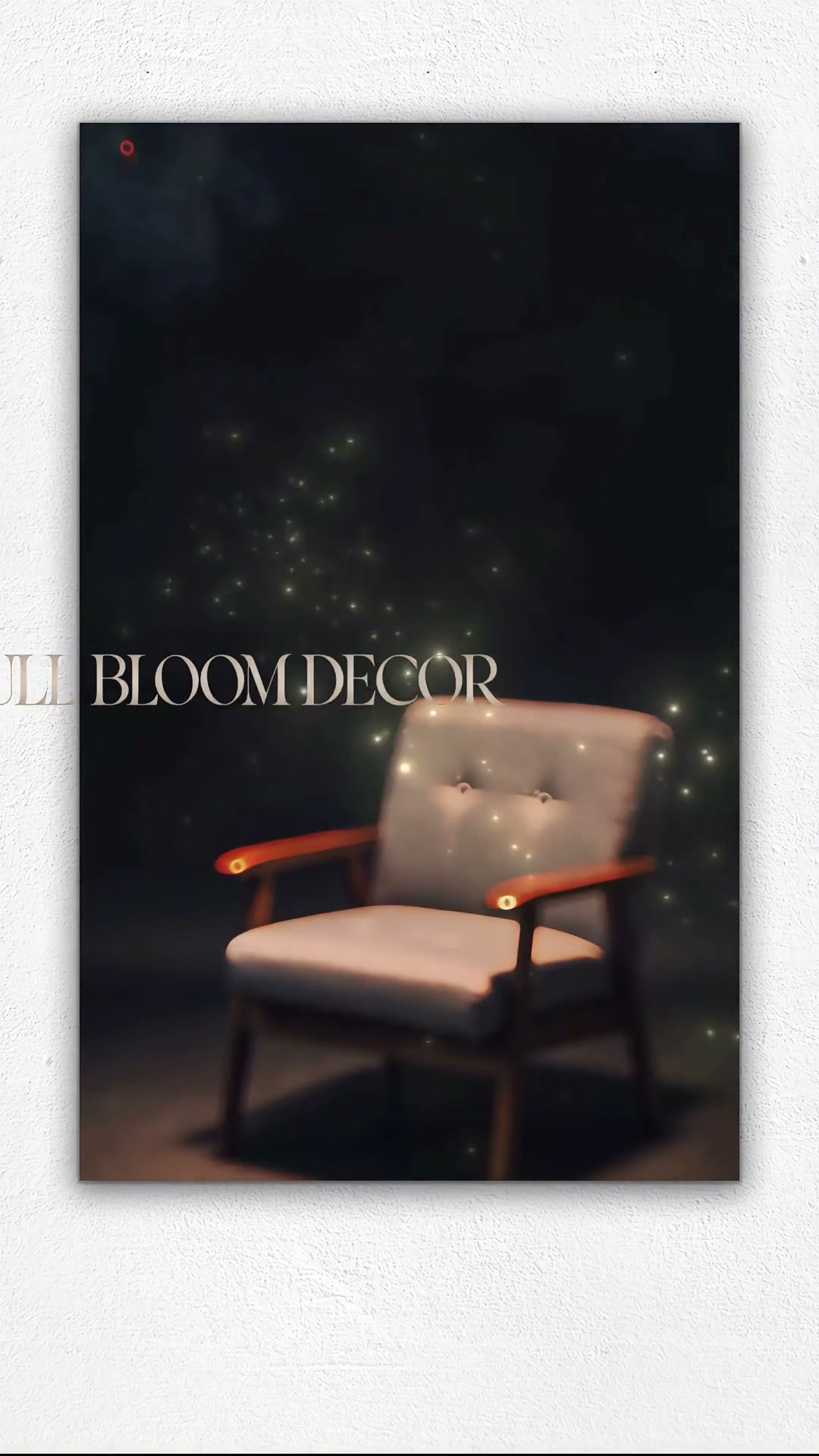 Full Bloom Decor title card with a chair in a dark room