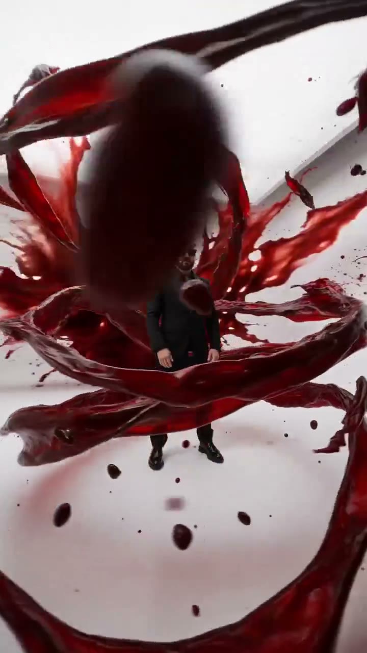 Red material orbiting the central figure