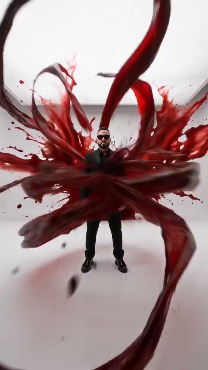Red paint saturating the frame around the figure