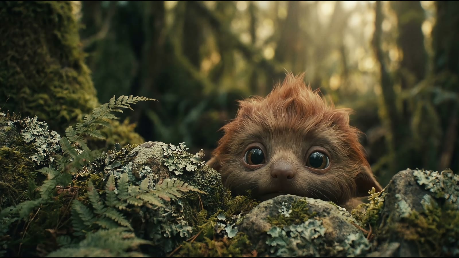 A small wide-eyed creature emerging from the forest floor