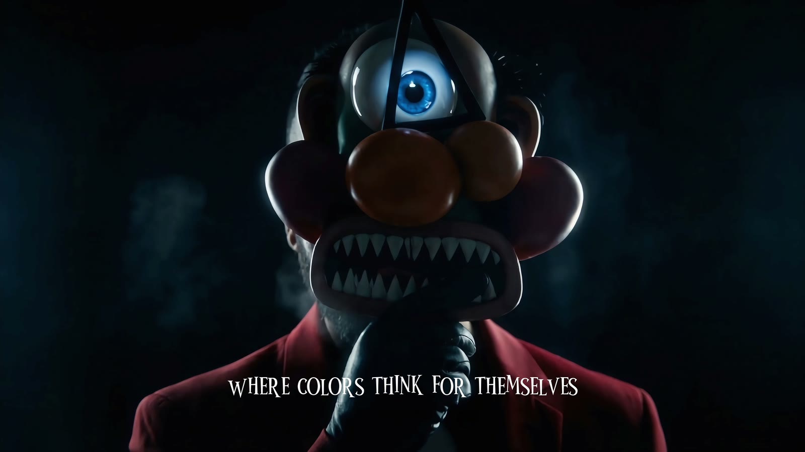 A dark character with one vivid blue eye facing the camera