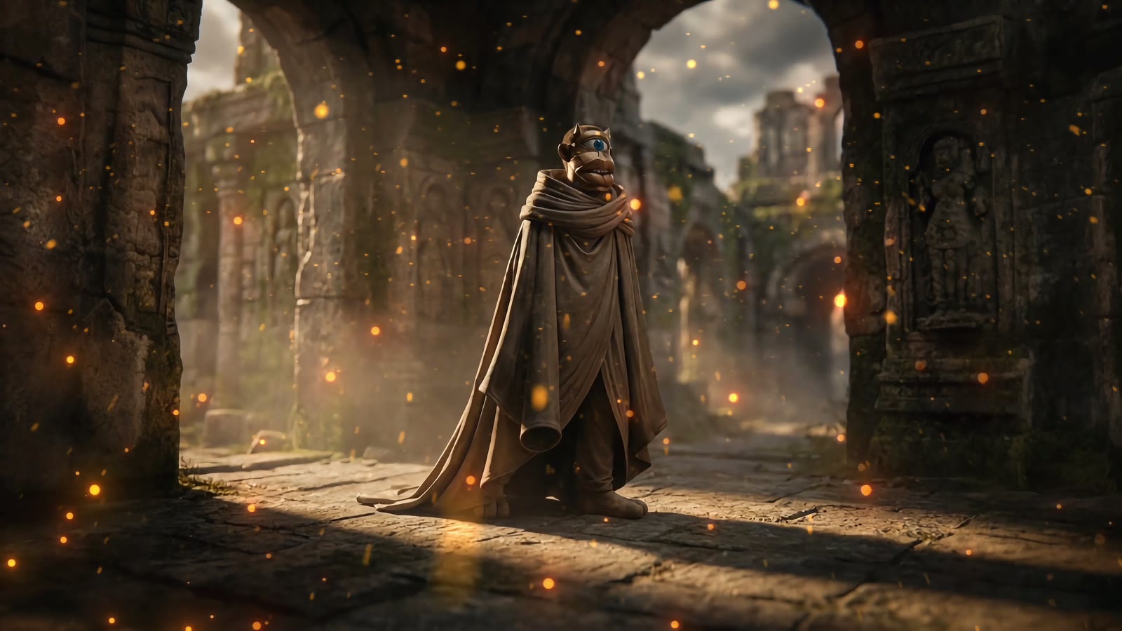 A cloaked figure standing inside glowing ancient ruins