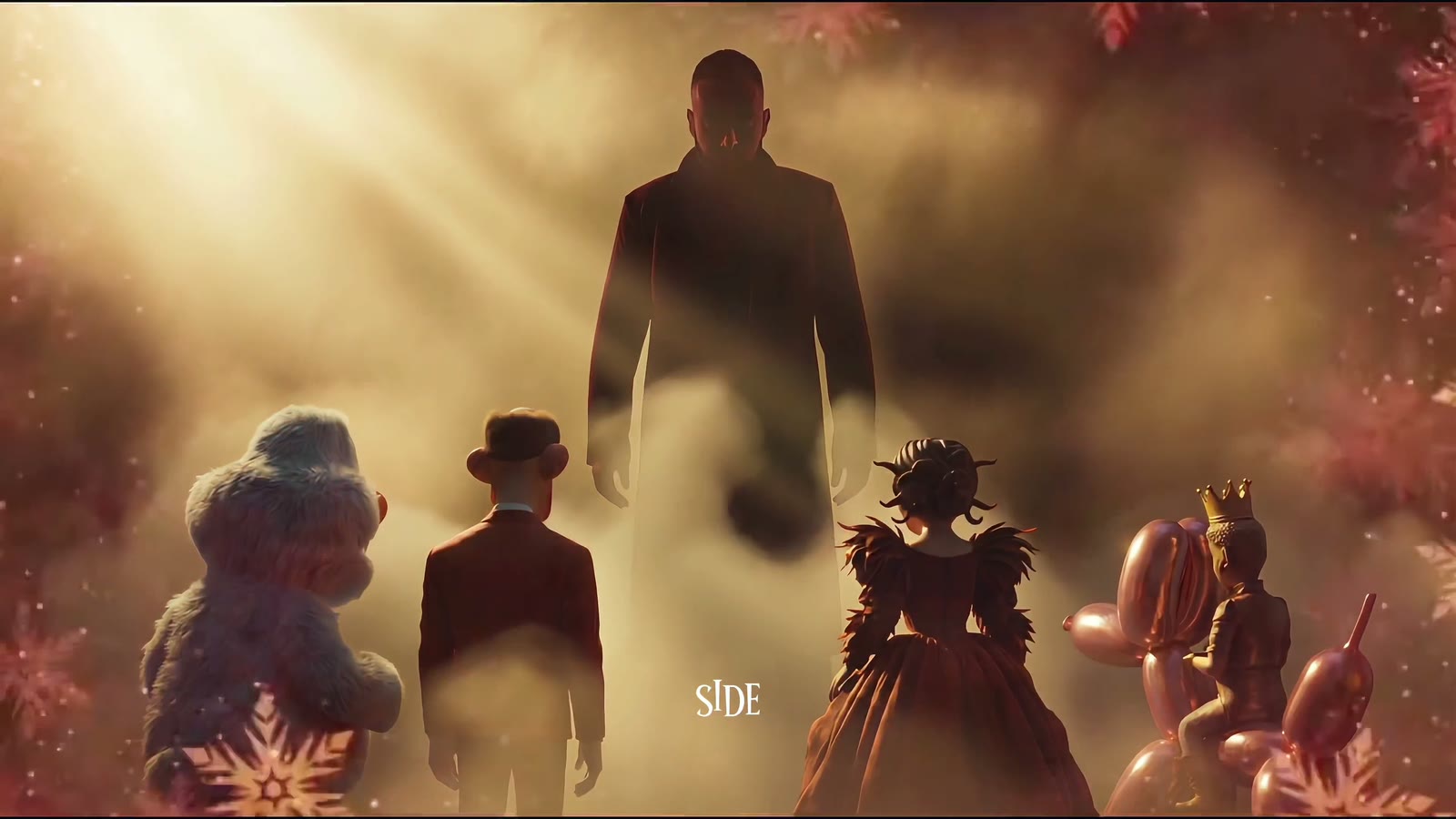The Mutants gathered beneath a towering figure in warm light