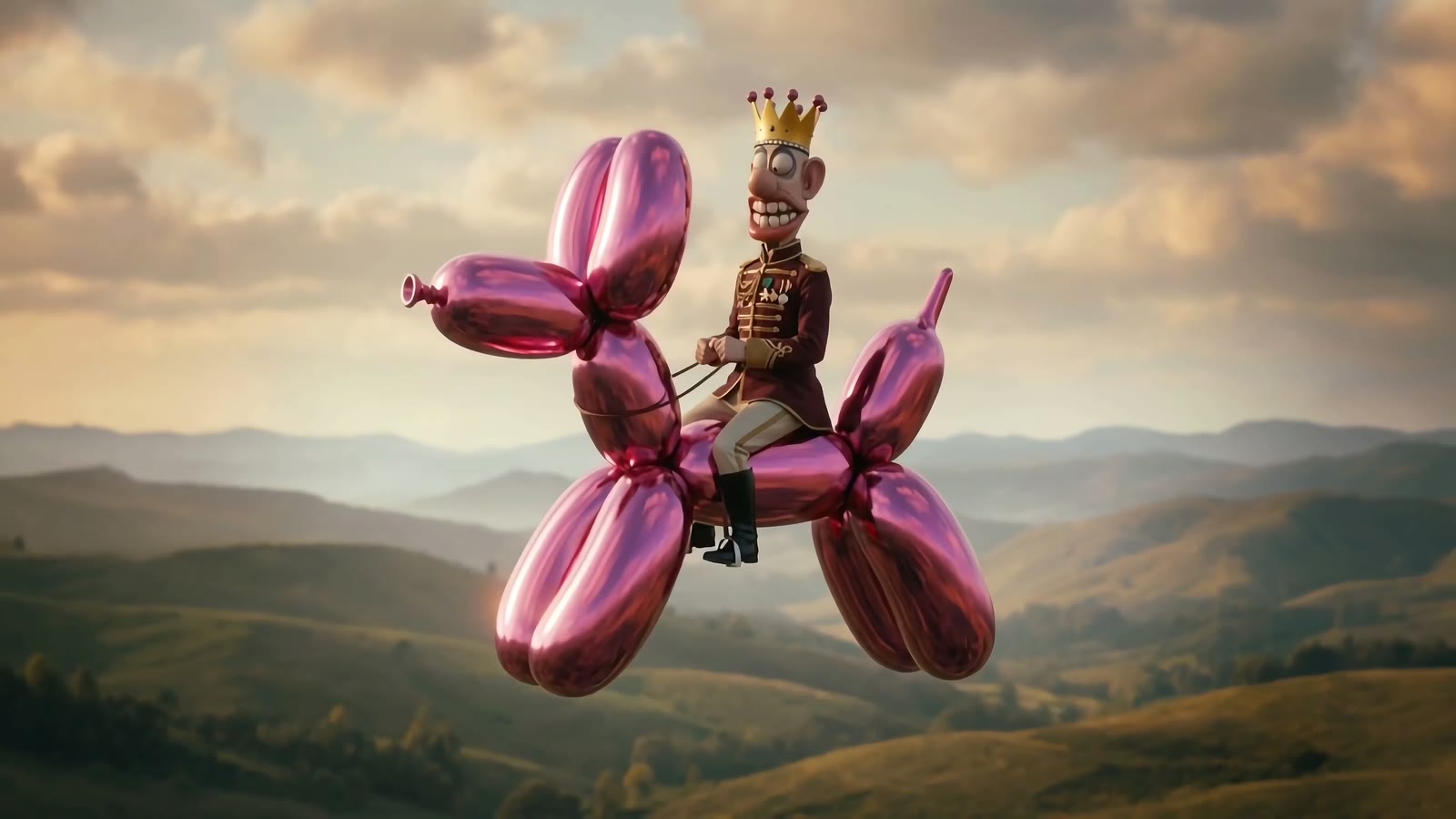 The crowned character riding a metallic balloon animal over the hills