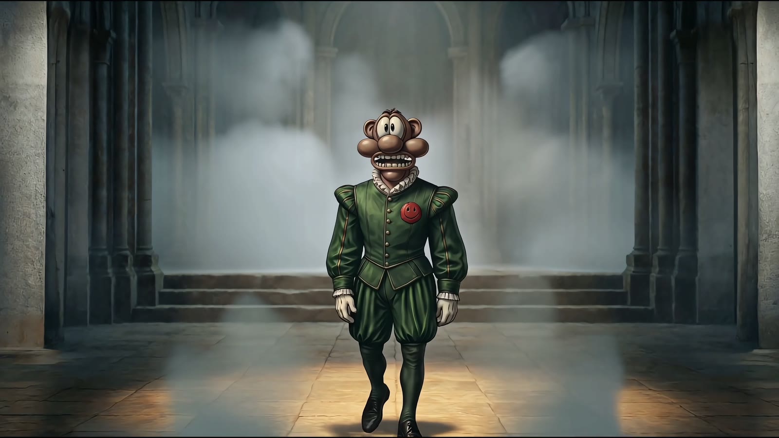 A green-suited character standing alone in a monumental room