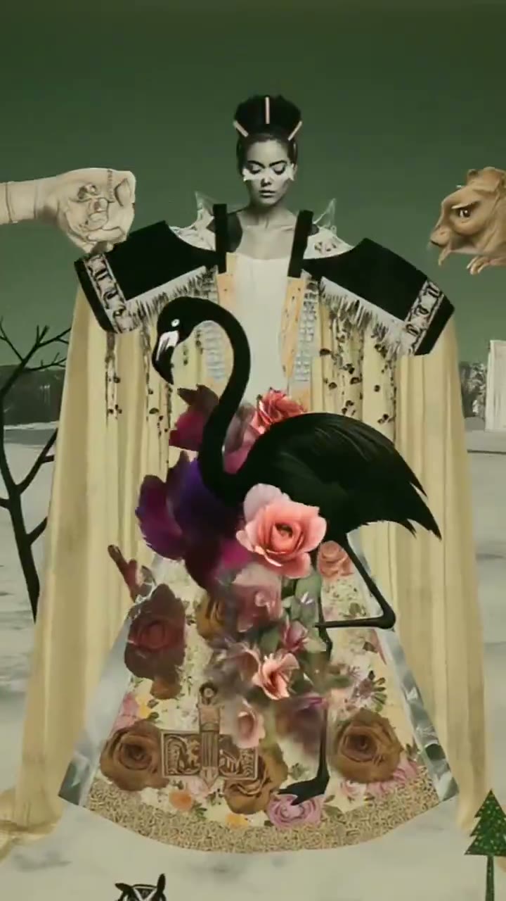 Editorial figures arranged as a surreal tableau