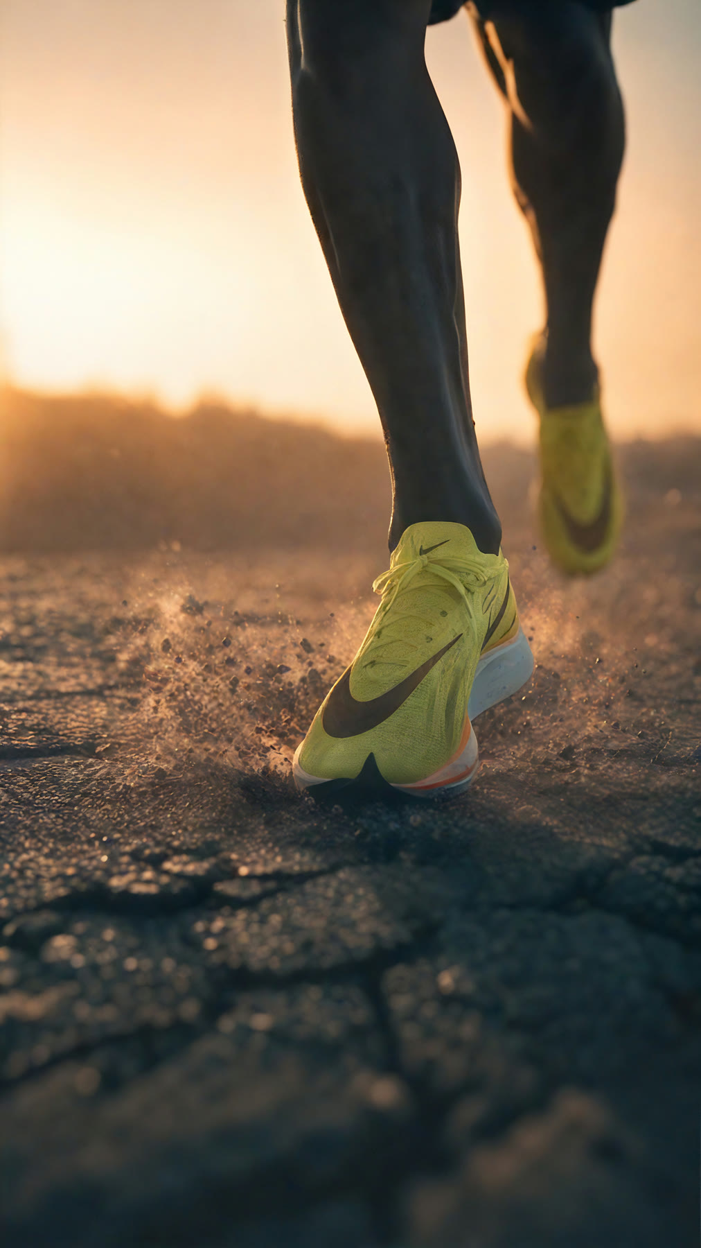 Close view of a runner's Nike shoe striking the road at sunrise