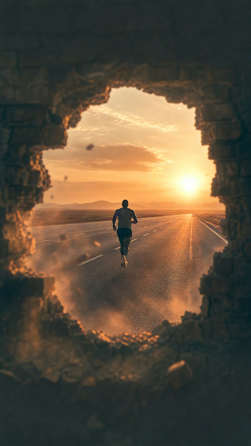 Runner framed through a broken opening in the brick wall