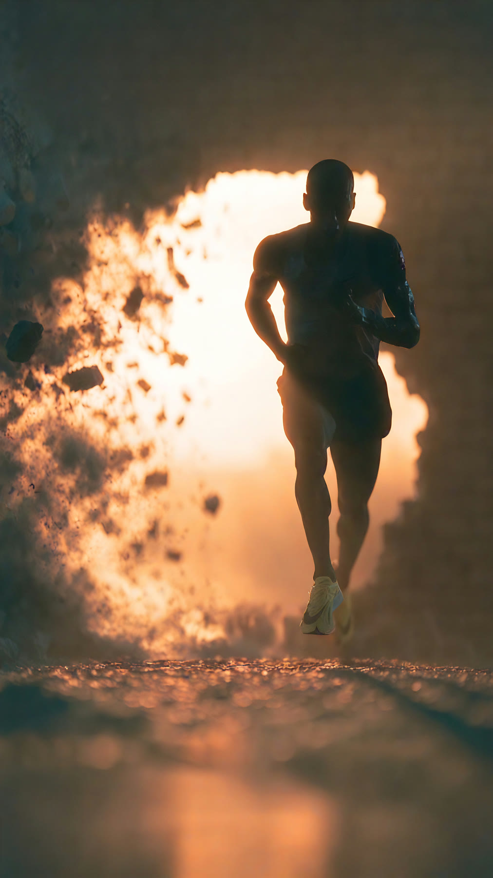Runner bursting through the wall in silhouette