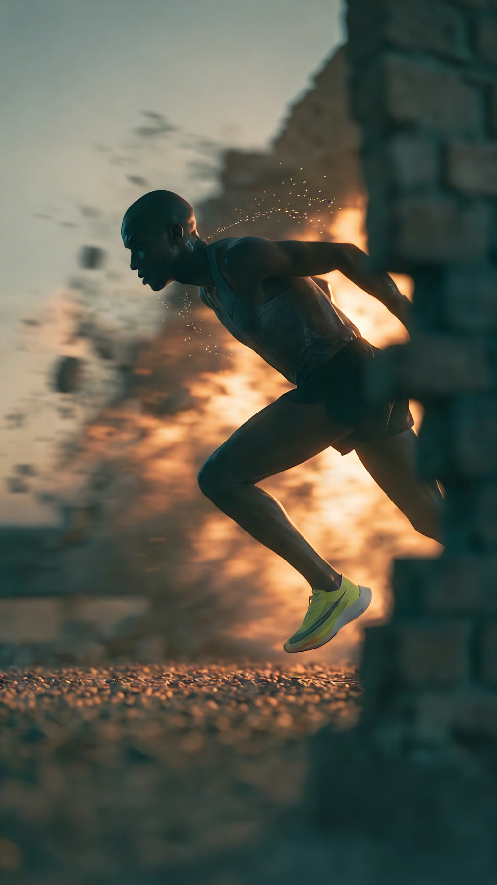 Runner clearing the broken wall and continuing into sunlight