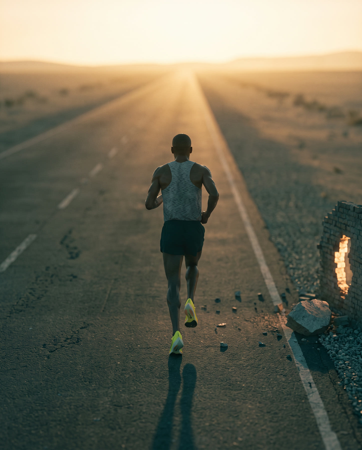 Runner continuing down the open road beyond the broken wall