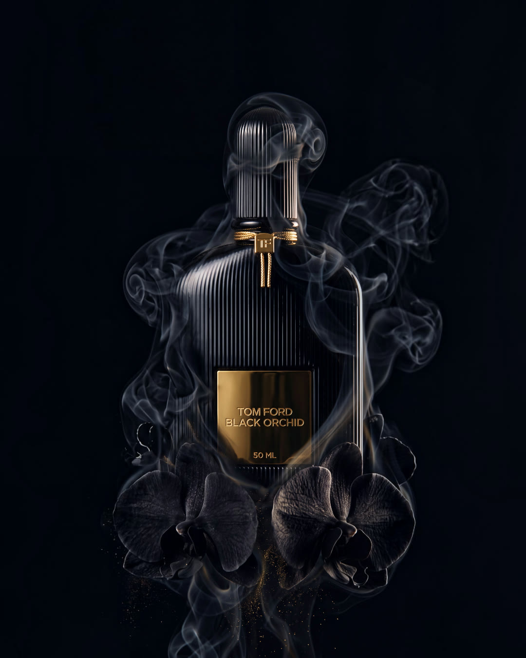 Black Orchid fragrance bottle surrounded by smoke and dark orchids