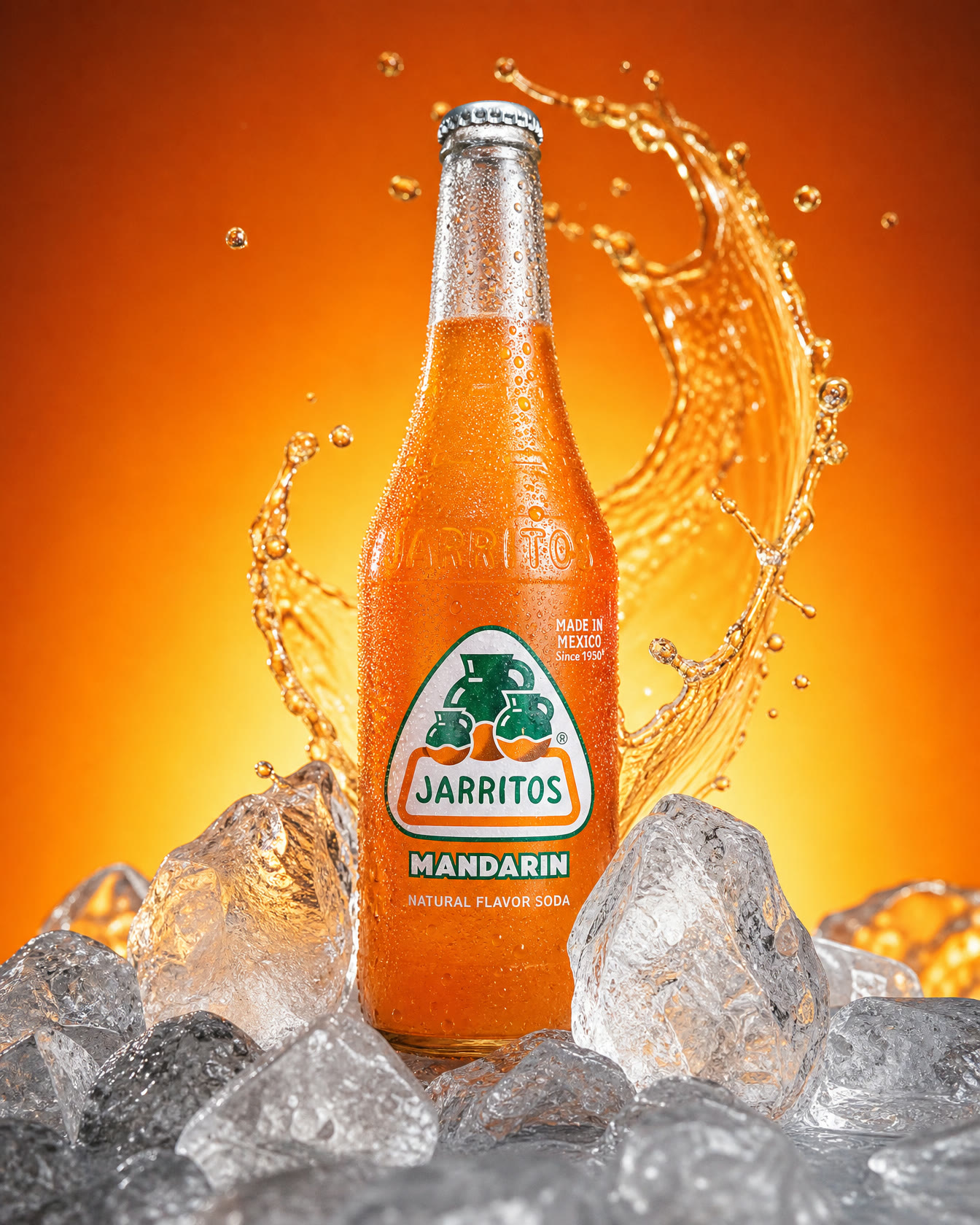 Orange soda bottle surrounded by ice and an orange liquid splash