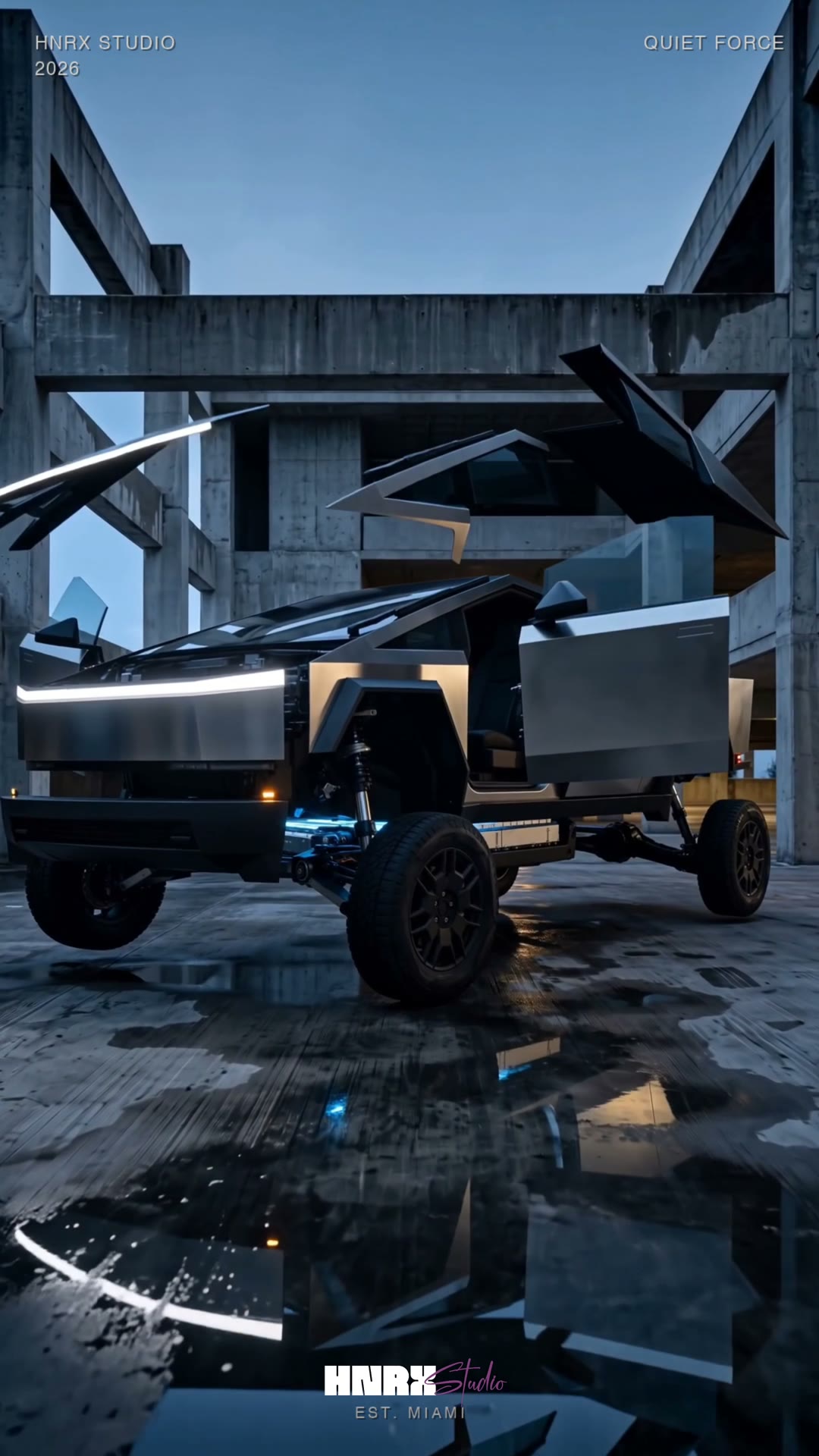 Cybertruck components suspended around an exposed chassis inside a concrete structure