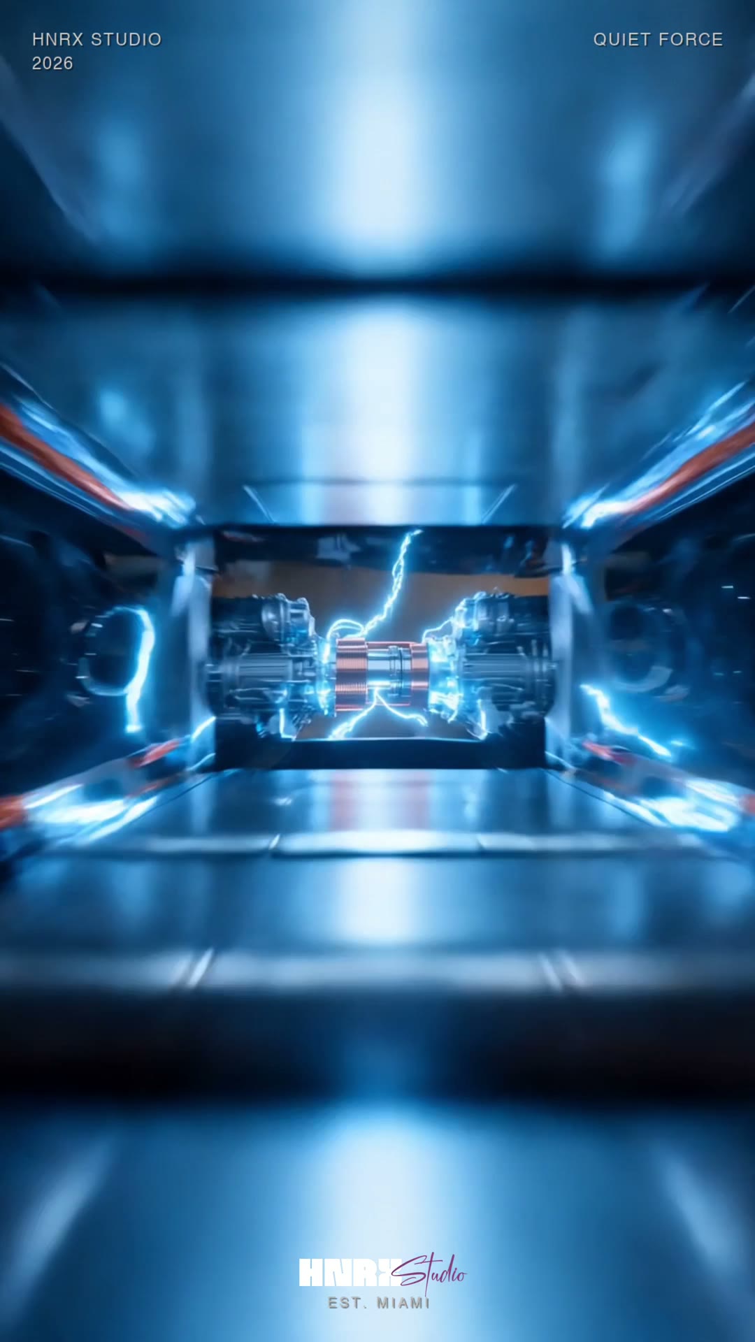 Cybertruck electric core illuminated in cold blue light