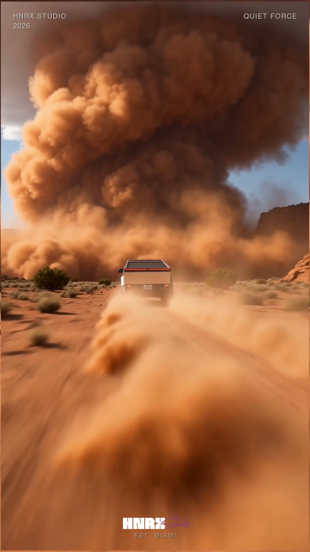 Cybertruck driving toward a towering desert dust wall