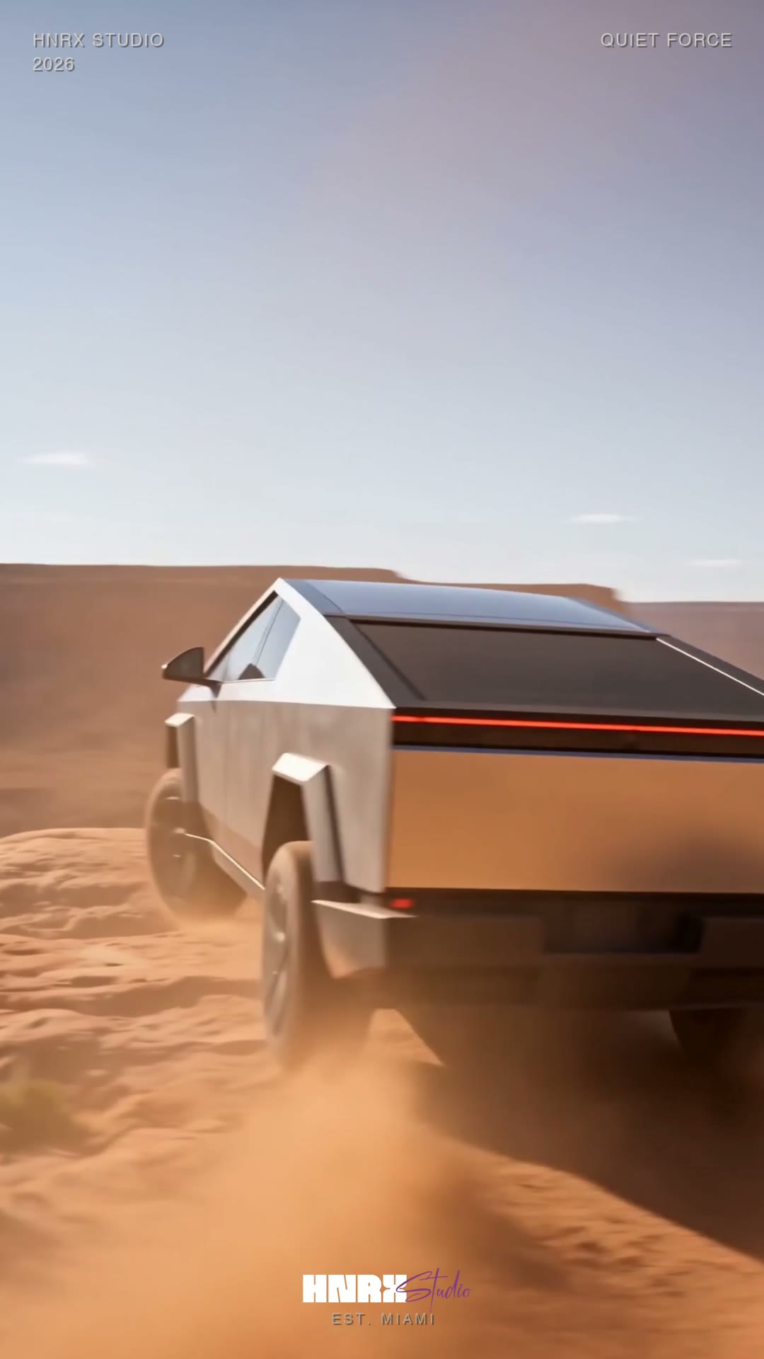 Cybertruck cutting through orange desert dust at speed