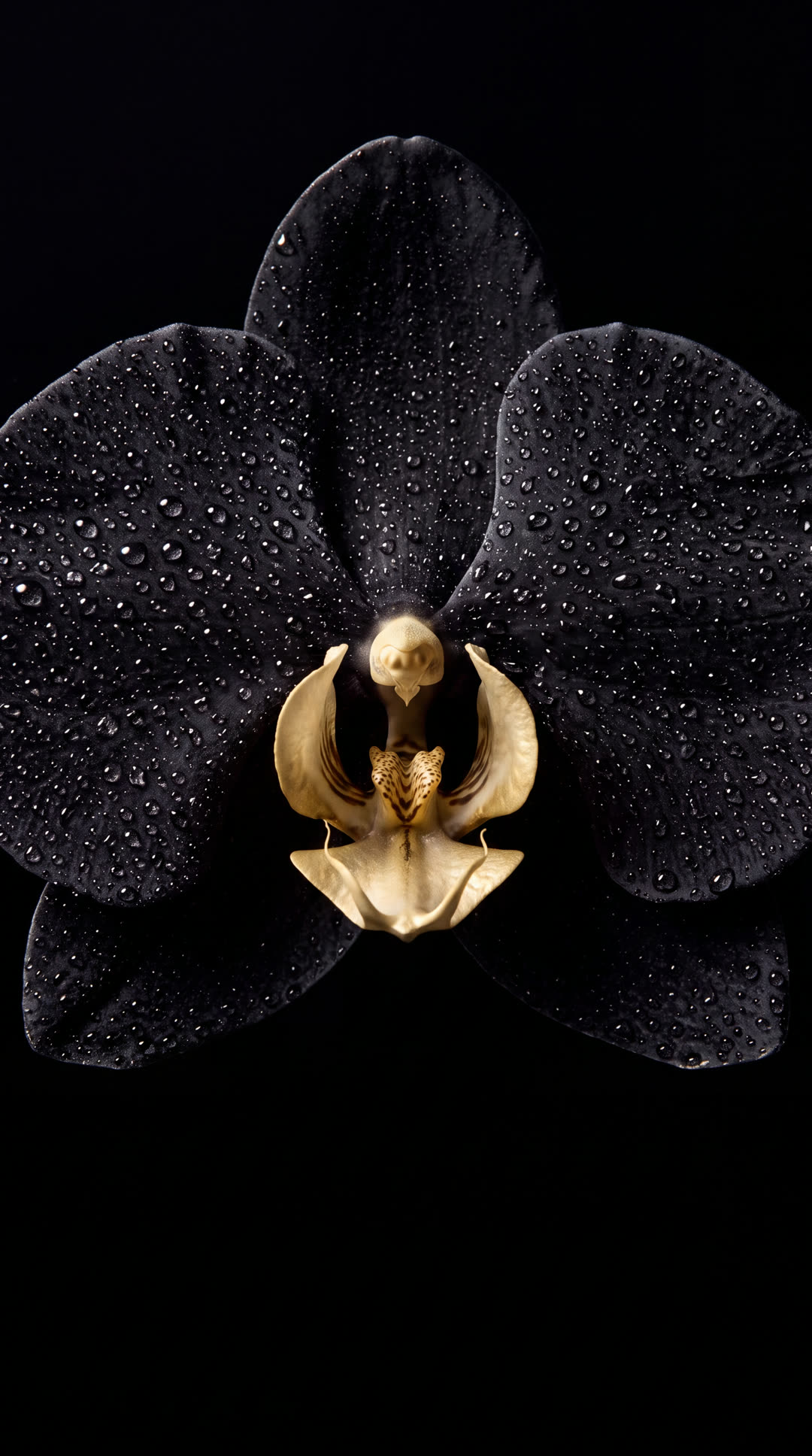 A fully opened black orchid with a pale gold center