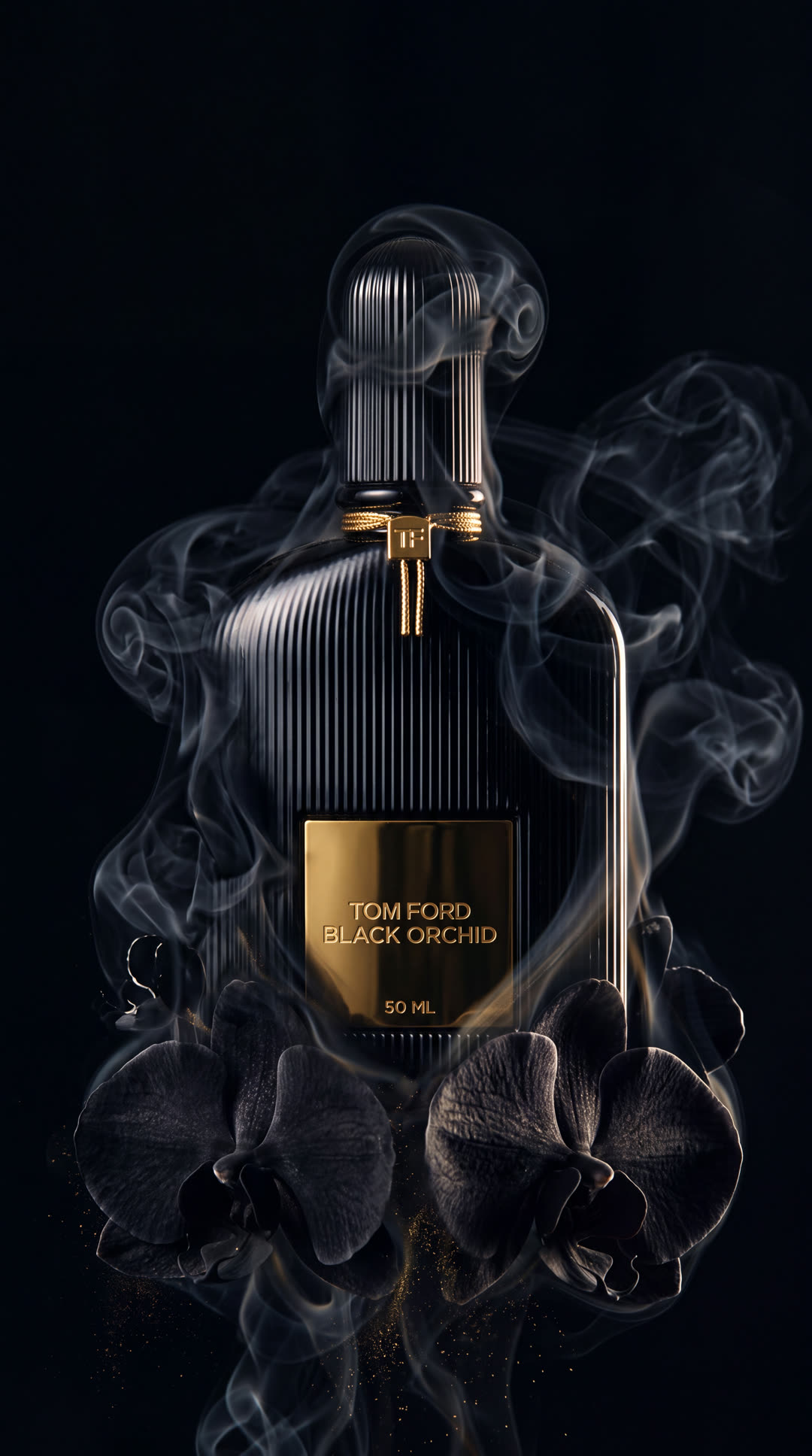 Black orchid petals dissolving into smoke around a perfume bottle