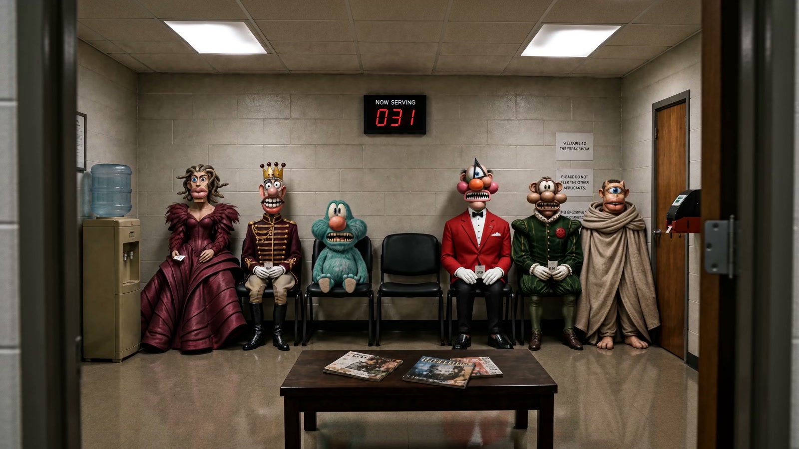 The Mutants sit silently in a municipal waiting room with one empty chair