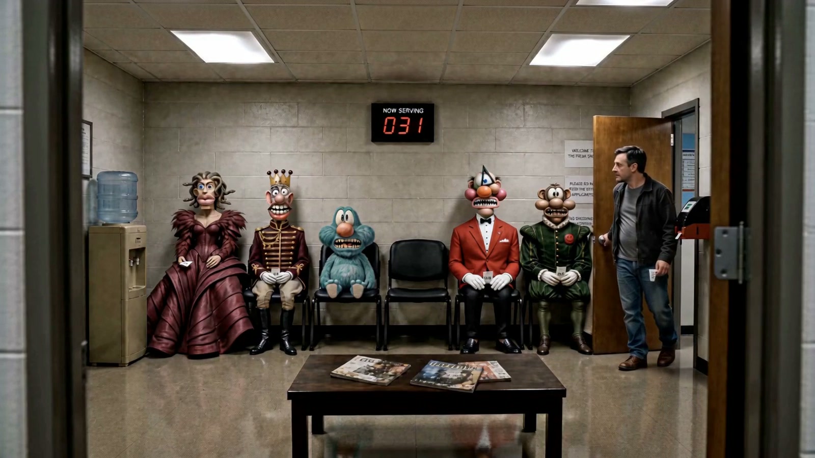 An ordinary man enters the waiting room while The Mutants remain still