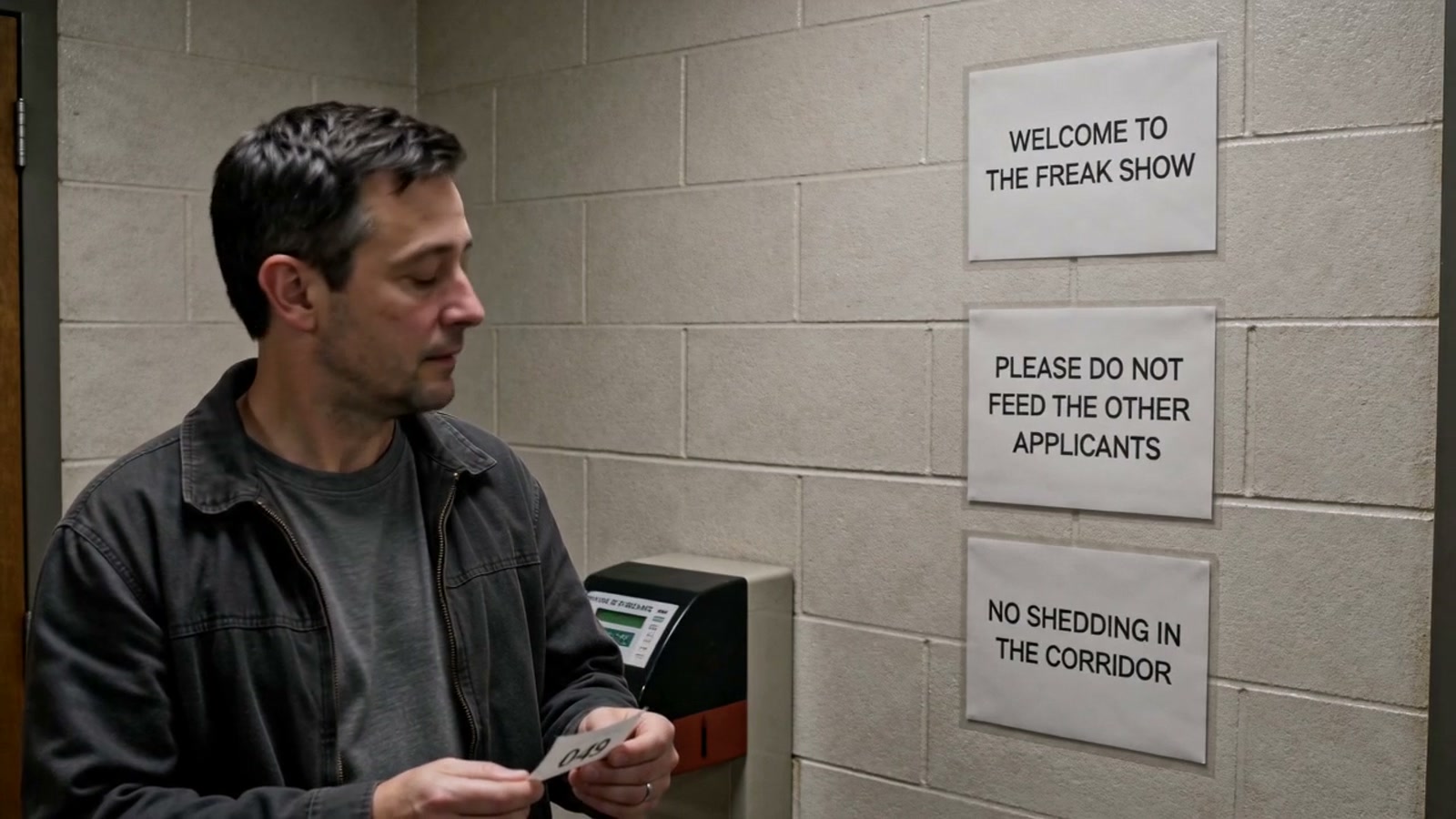 The man reads a sign welcoming him to the freak show