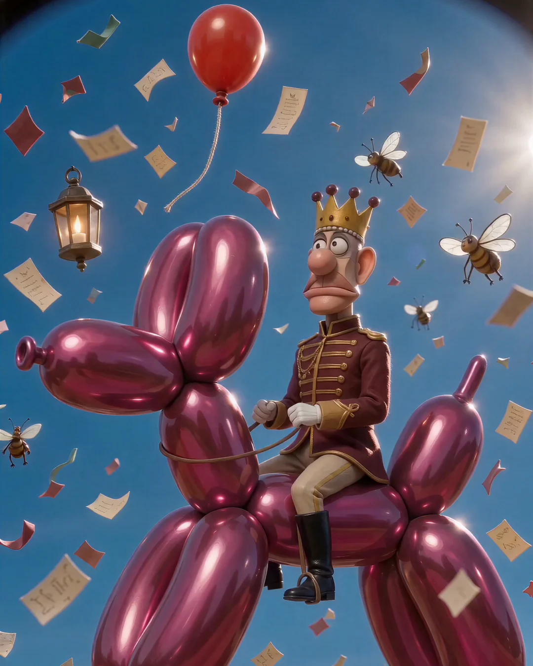King Draymor riding a magenta balloon sculpture through The Carnival That Never Lands
