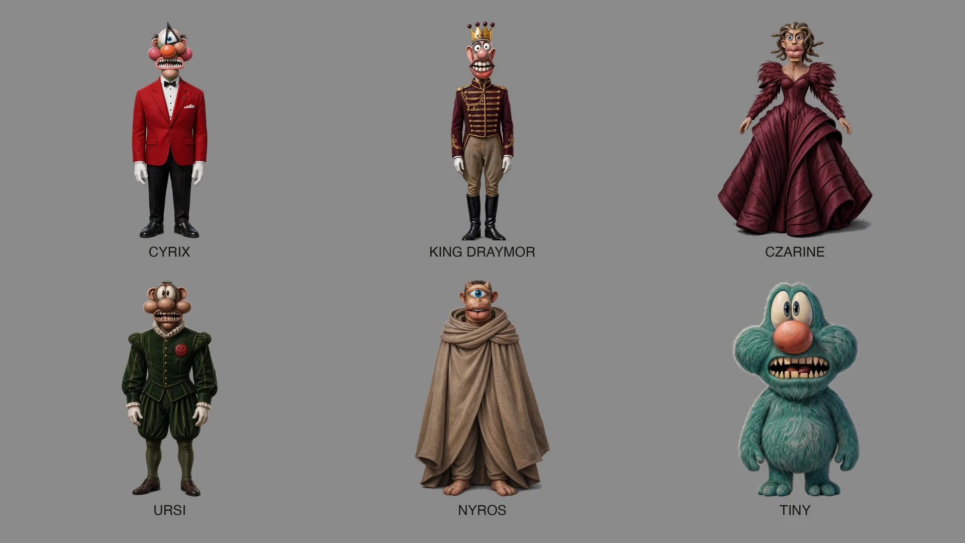 The six original Mutants: Cyrix, King Draymor, Czarine, Ursi, Nyros and Tiny, shown in full with their names