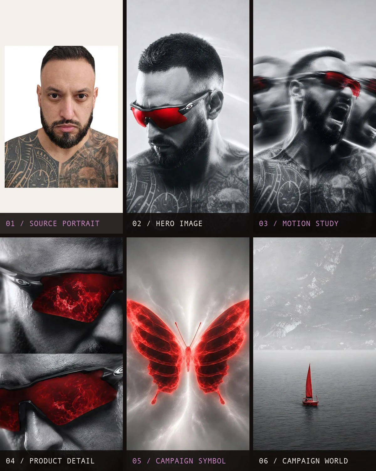 Six-frame proof board beginning with Pedro's plain portrait and showing five finished eyewear campaign images