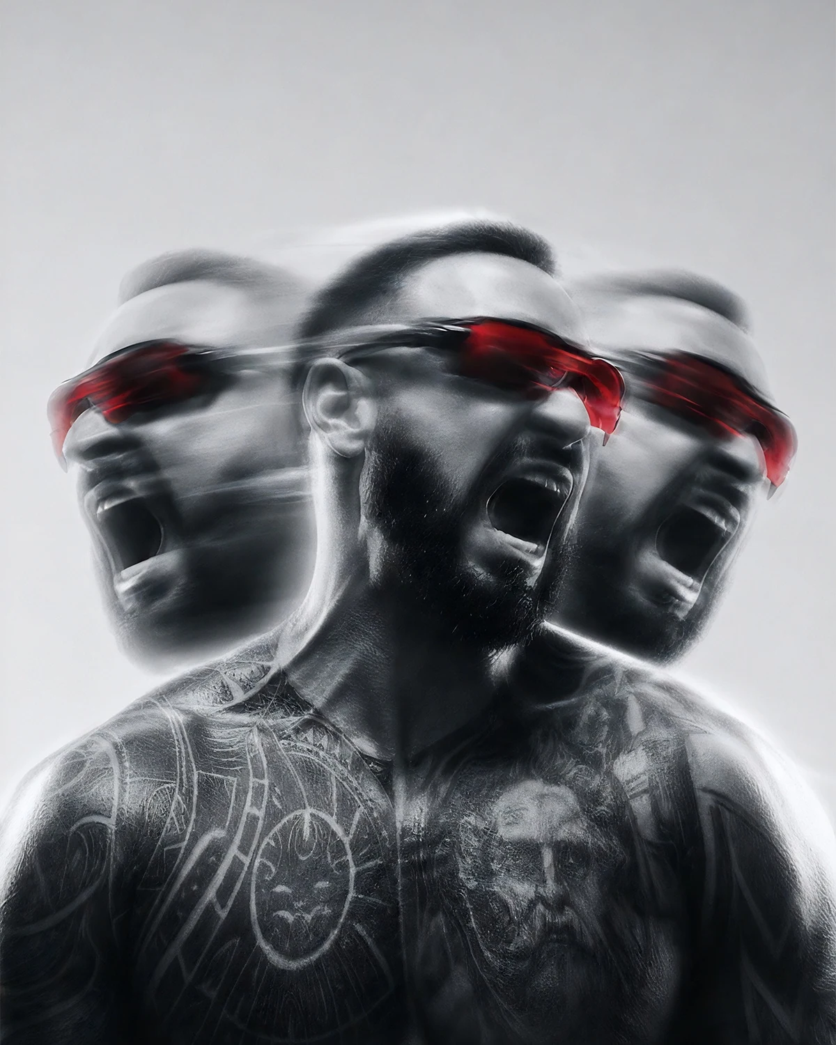 Motion study with repeated portraits and red eyewear