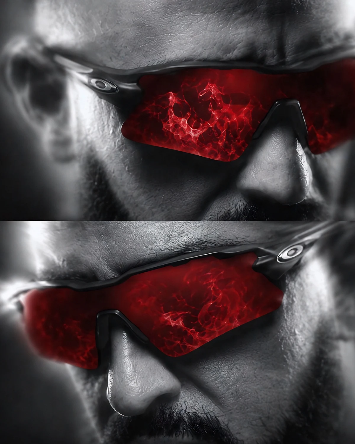 Close product-detail compositions of red performance eyewear