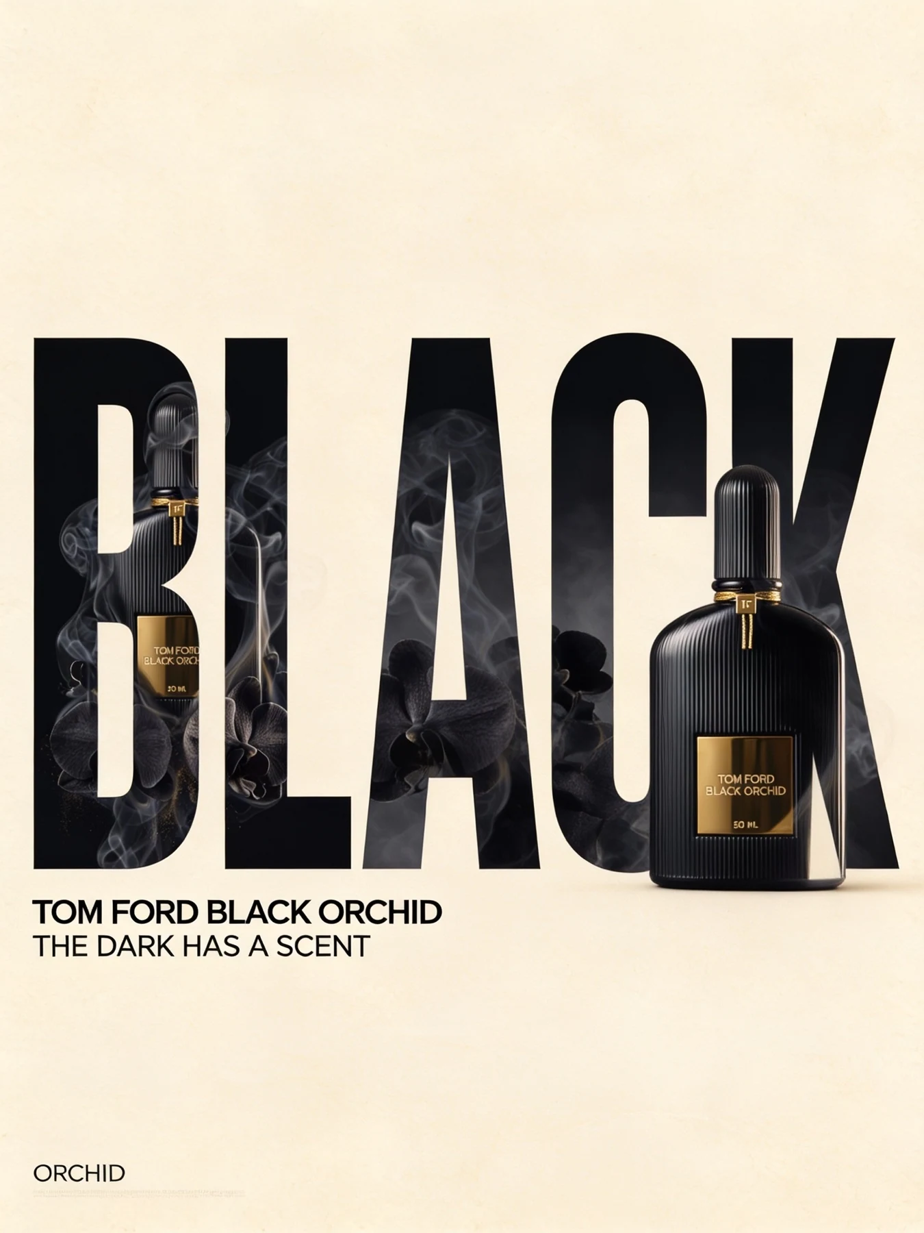Tom Ford Black Orchid campaign poster built around oversized typography