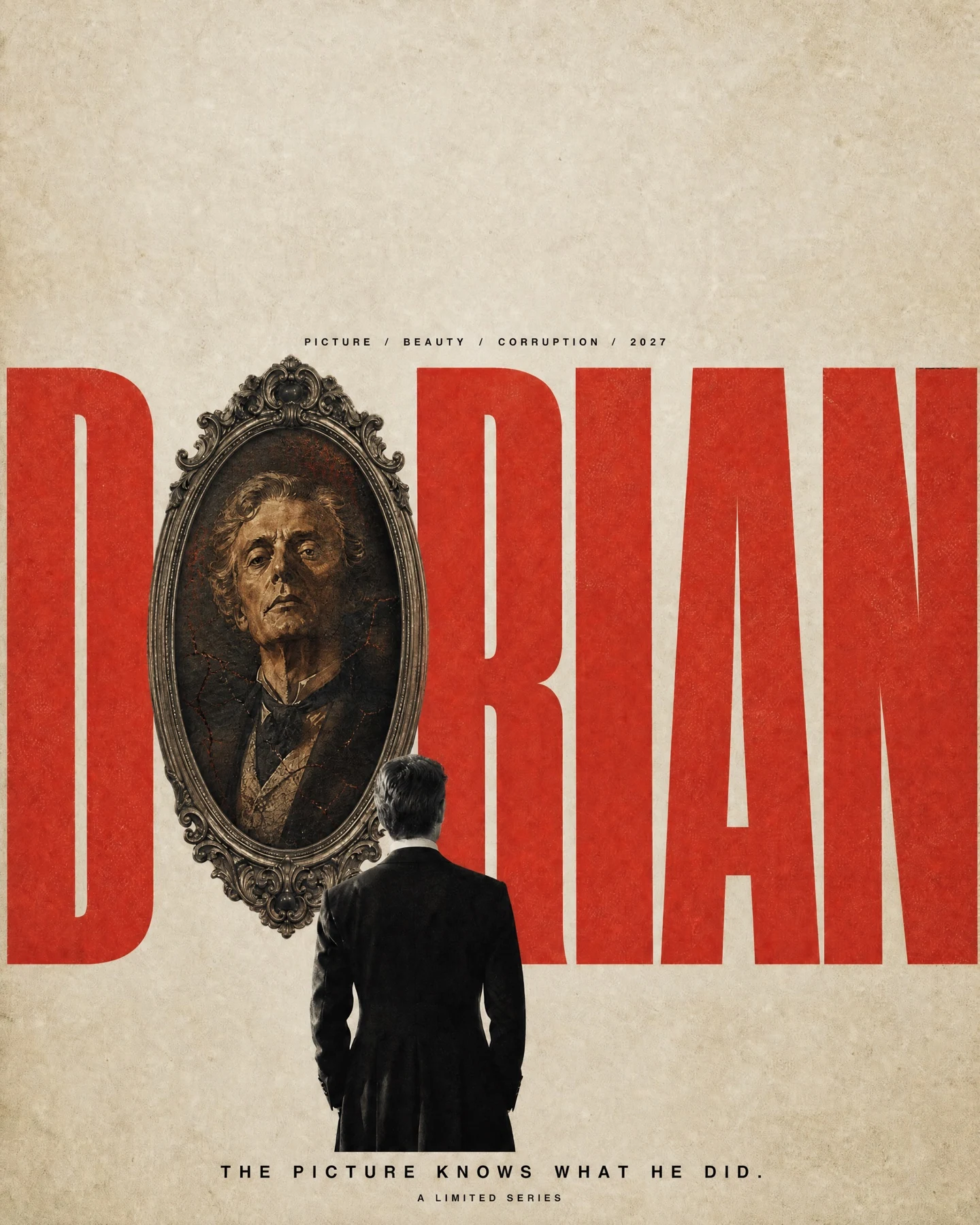 Dorian limited series key art with a fractured portrait in an ornate frame