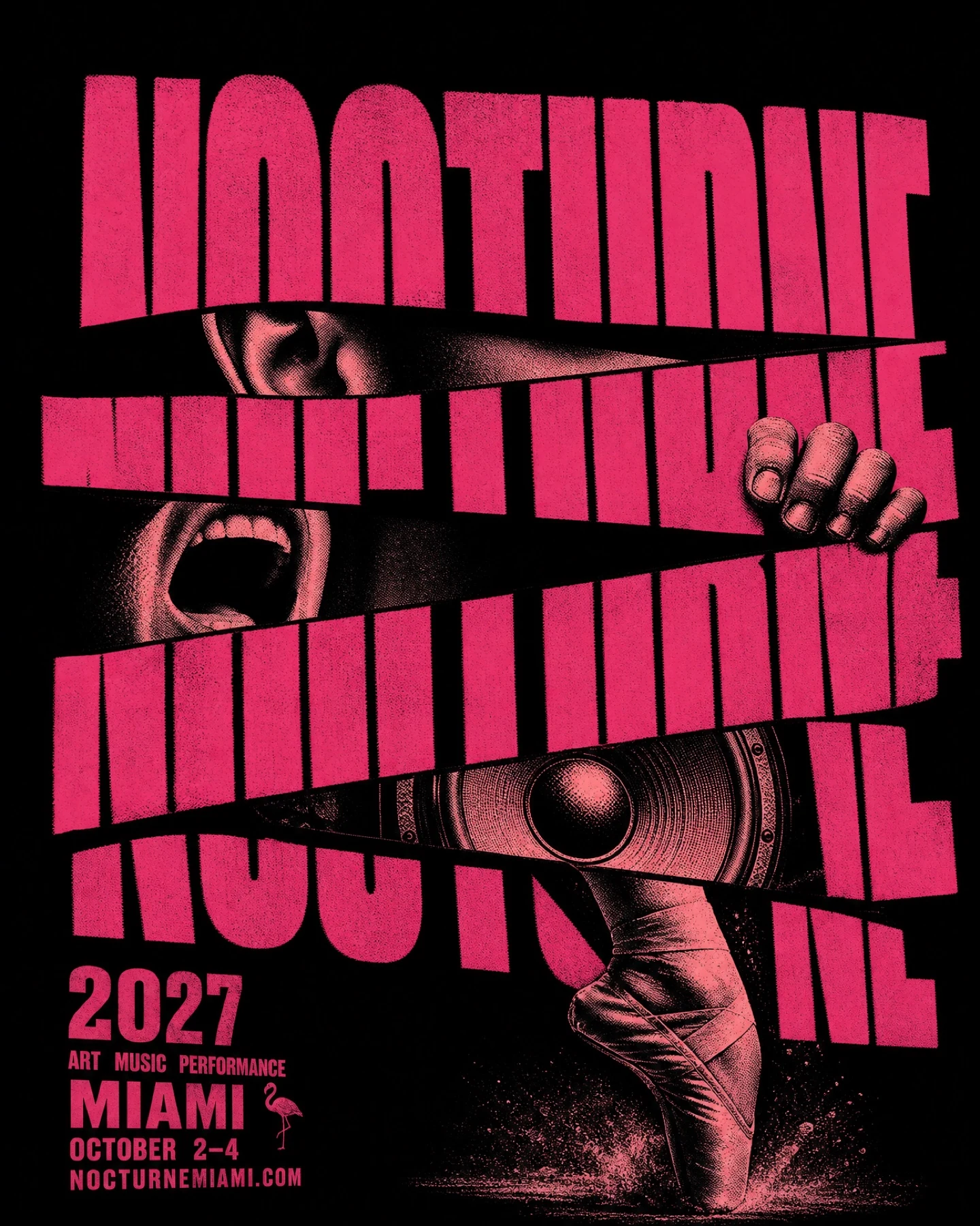 Nocturne Miami event poster combining fragmented typography and nightlife imagery