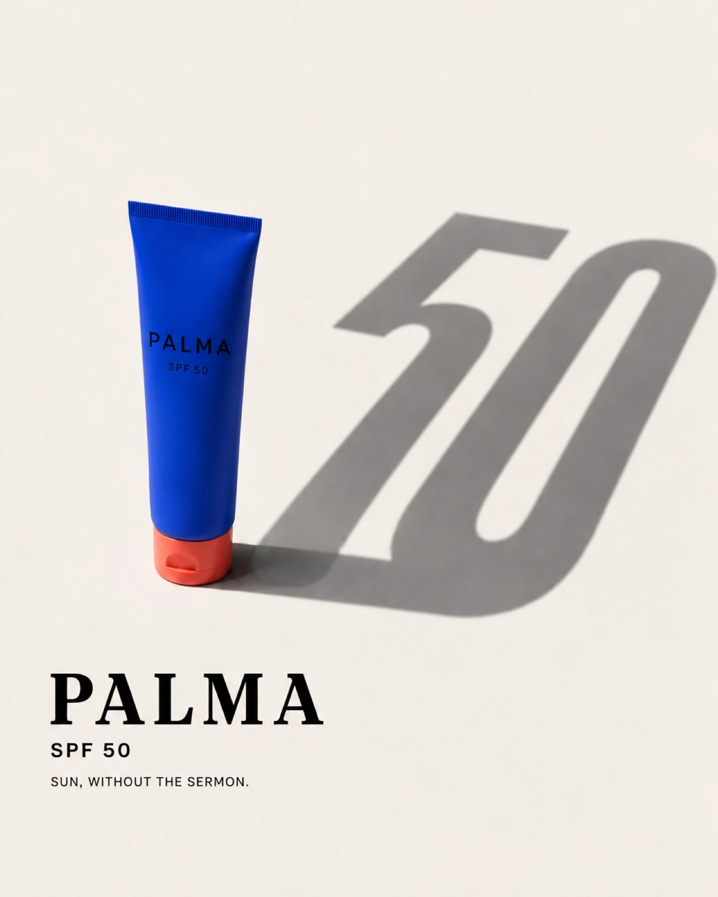 Palma SPF 50 product poster with a sunscreen tube casting a numeric shadow