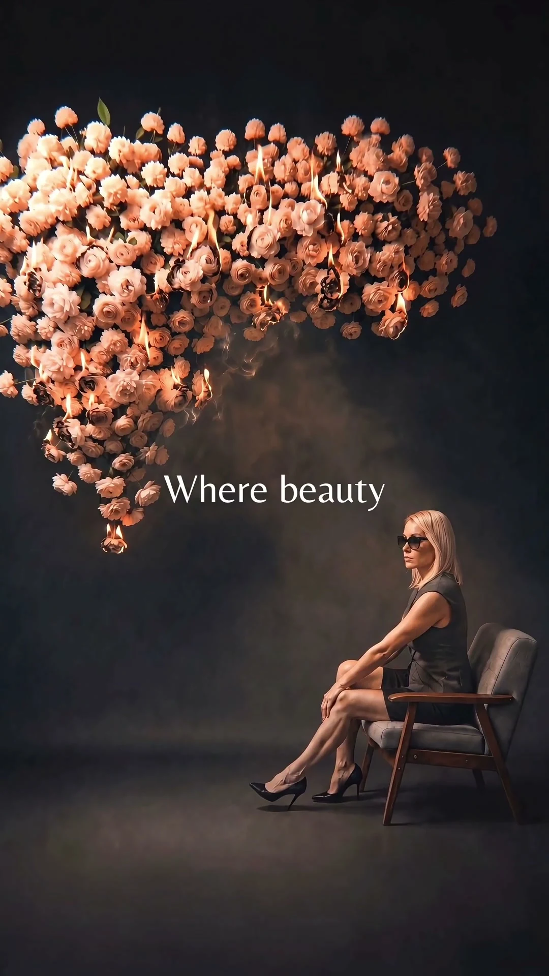 A woman seated beneath a floral installation
