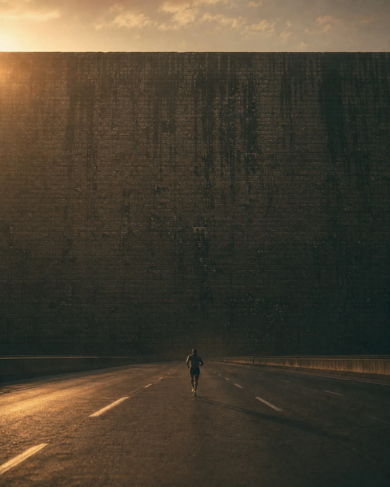 A lone runner approaching an enormous brick wall across an empty road