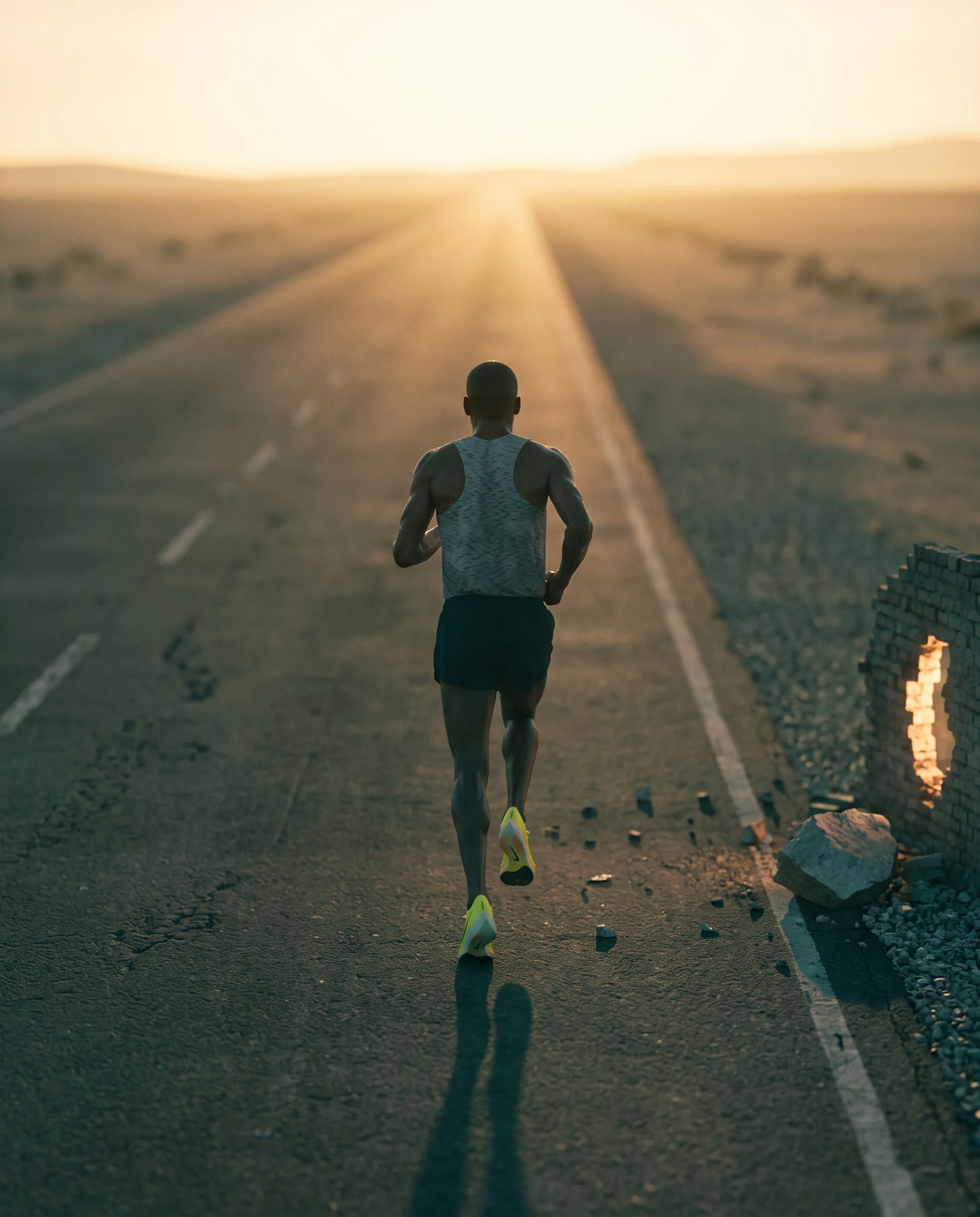 Runner continuing down the open road beyond the broken wall